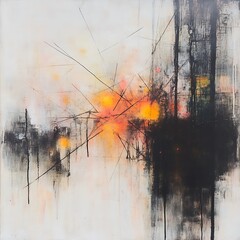 Poster - Abstract Cityscape Impression Energetic Fusion of Light and Dark with Dynamic Linear Strokes on Canvas
