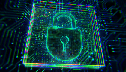 Wall Mural - Neon padlock symbol on digital circuit board, representing cybersecurity and data protection in a futuristic holographic style. 3D Rendering