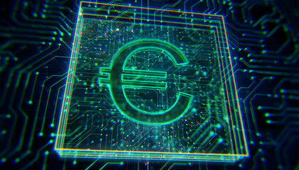 Wall Mural - Glowing euro currency symbol integrated into a neon circuit board. 3D Rendering