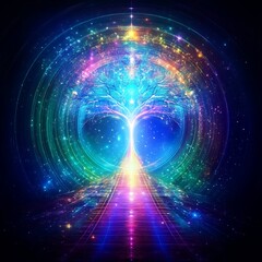 Wall Mural - abstract cosmic tree of life with luminous pathway to higher dimensions and infinite possibilities