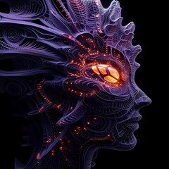 Poster - Abstract Digital Consciousness Portrait with Luminous Eye and Intricate Network Structures Design
