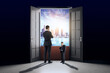 © Who is Danny - Businesspeople in front of large open doors with a cityscape in the background.