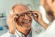© Butsarakham - A happy elderly man adjusts his glasses, smiling at a younger person, likely during an eye examination or fitting session.