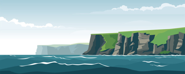 rocky coast vector illustration. beautiful landscape of rocky coast and sea. steep cliffs and ocean.