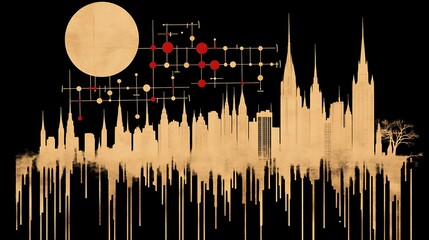 Poster - abstract silhouette of the city skyline under a geometric network and a full moon illumination
