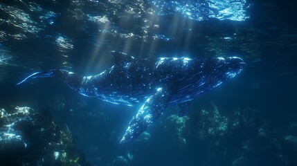 Wall Mural - abstract whale undersea scene showing ocean depths and light rays penetrating through the waters