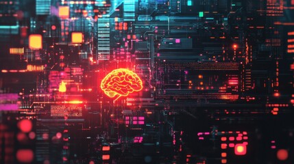 Leinwandbilder - Abstract digital brain with glowing circuits and wires in a futuristic cyber environment with vibrant colors. Generative AI