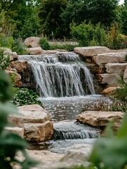 Poster - Flowing water cascades over natural stone steps in a serene garden setting during daytime. Generative AI