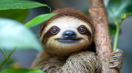Poster - Curious sloth smiles while clinging to a branch amid lush green foliage in its natural rainforest environment. The serenity and innocence of this creature capture the essence of wildlife