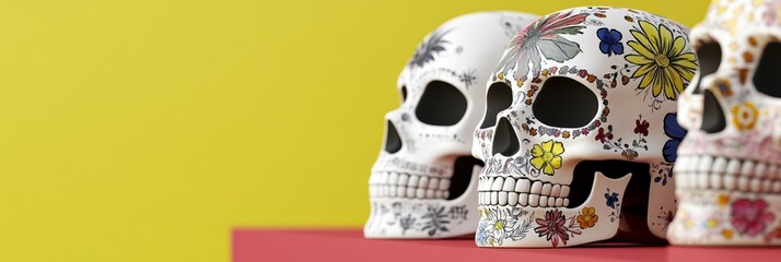 Wall Mural - Elegant Close up of hand painted skulls for Dia de los Muertos with intricate floral designs and bright colors isolated on a vibrant gradient background 