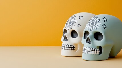 Wall Mural - Elegant Close up of hand painted skulls for Dia de los Muertos with intricate floral designs and bright colors isolated on a vibrant gradient background 