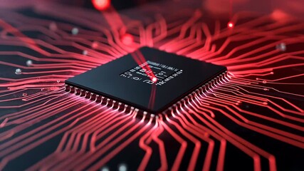Fototapete - A computer chip is shown in red with a black background. The chip is surrounded by a red line, which gives the impression of a glowing, pulsating energy. Concept of technology and innovation
