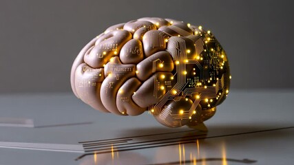 Fototapete - A brain with a computer chip inside of it. The brain is lit up with a yellow glow