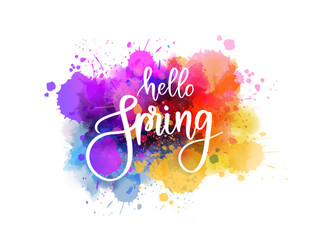 Wall Mural - hello spring - handwritten modern calligraphy inspirational text on multicolored watercolor paint sp