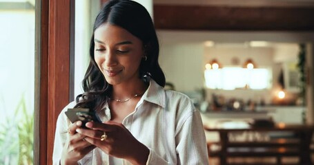 Aufkleber - Window, break and woman with smartphone, home and browsing on web for entertainment, online and relax. Living room, scroll and reading of article on app, digital and Indian person with mobile