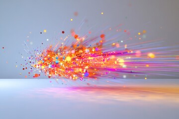 Poster - Dynamic explosion of colorful particles with light streaks.