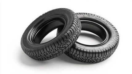 Two black old car tires isolated on white. Focus on recycling and reuse of rubber. 