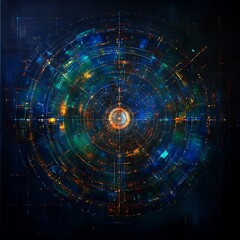 Poster - complex concentric circles of data flowing in digital network with abstract geometric patterns