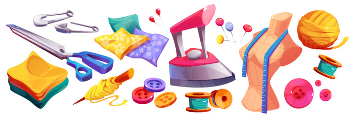 Wall Mural - Cartoon sewing accessories collection with colorful tools and supplies. Dressmaking equipment - scissors and pins, iron and fabric stack, buttons and measuring tape on mannequin for tailoring craft.