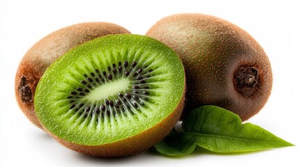 Wall Mural - Close Up Studio Shot of Fresh Green Kiwifruits with Brown Peel and White Background