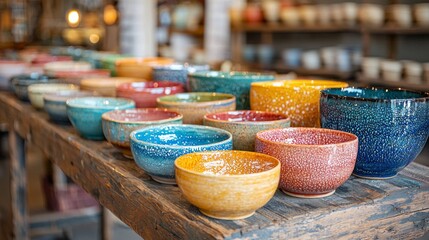 Poster - A vibrant array of handcrafted ceramic bowls lines a rustic wooden shelf in a cozy artisan shop