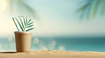 Tropical beach drink with palm leaf ocean backdrop