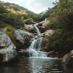 Poster - Serene waterfall cascading through rocky terrain in a lush forest during the afternoon. Generative AI