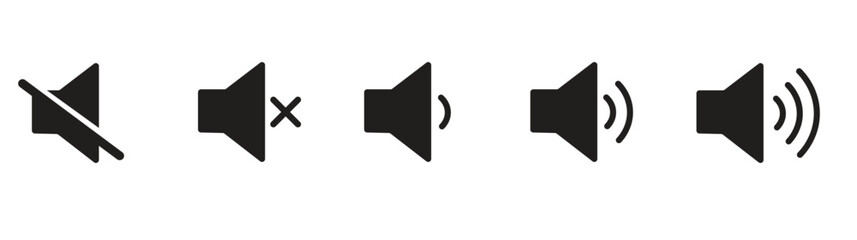 Sound volume icons. Vector isolated sound volume up, down or mute control buttons set