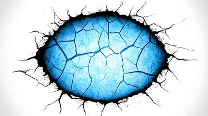 Poster - Cracked Blue Wall Revealing Light Fracture Hole Destruction Surface Grunge Effect Background