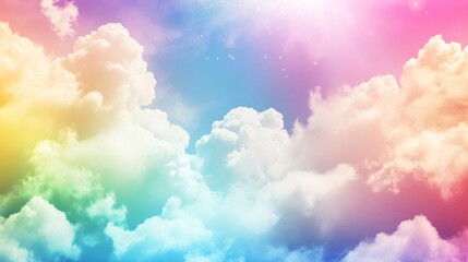 Wall Mural - a vibrant sky with fluffy clouds in radiant pastel colors, creating a dreamy and whimsical atmospher