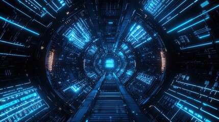 Fototapete - Futuristic tunnel with glowing blue lights and high-tech visual effects creating a dynamic and immersive atmosphere in a virtual space