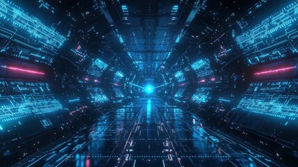Fototapete - Futuristic digital tunnel with glowing lines and patterns creating a vibrant atmosphere and sense of depth