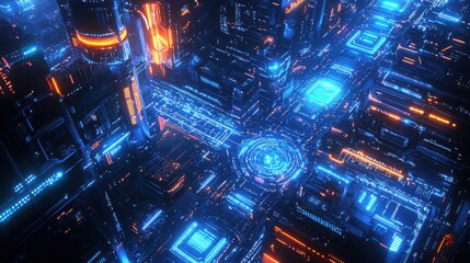Fototapete - Exploration of a futuristic cityscape featuring intricate neon lights and advanced technology during a virtual nighttime setting