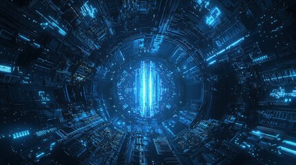 Fototapete - Futuristic digital portal with glowing blue lights and intricate machinery in a dark environment