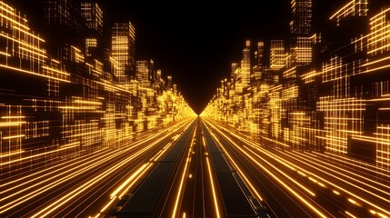 Poster - Cyberpunk Cityscape with Golden Light Streaks Forming Futuristic Architecture and Data Flow
