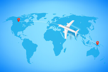 Poster - Air travel concept. Aircraft on world map with pins. 3d vector illustration