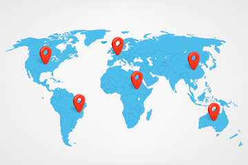 Poster - World map with red 3d pins. 3d vector illustration