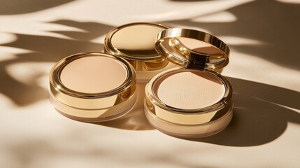 Aufkleber - Three exquisite compact powders sit gracefully on a soft cream background, showcasing their smooth textures and reflective cases
