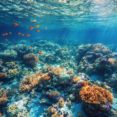 Aufkleber - Vibrant coral reef teeming with tropical fish in clear blue water during midday light. Generative AI