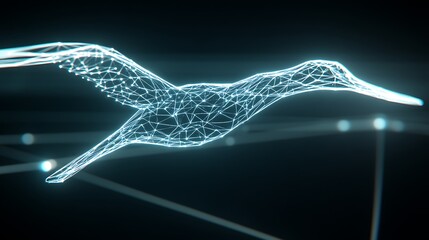 Poster - digital bird abstract glowing wireframe design with connected dots and lines against a black backgro