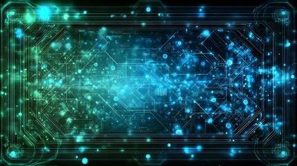 Poster - Digital Circuit Board Interface Glowing with Blue and Green Hues Abstract Technological Design