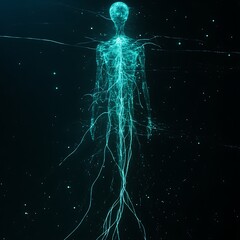 Poster - Digital Human Figure with Neural Network Glow Silhouette Against Dark Starry Background Space Theme