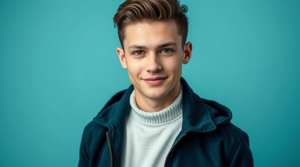 Wall Mural - A young man with a blue jacket and white sweater is smiling for the camera. He has a beard and a nose piercing