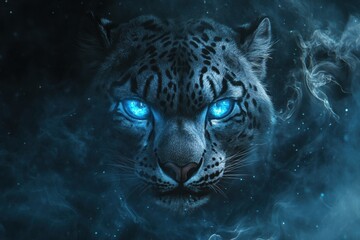 Poster - Majestic snow leopard with glowing blue eyes surrounded by misty fog under mystical light. Generative AI