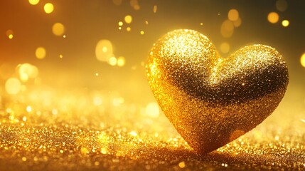 Poster - A shimmering gold glitter heart on a sparkling golden background, symbolizing love and joy.