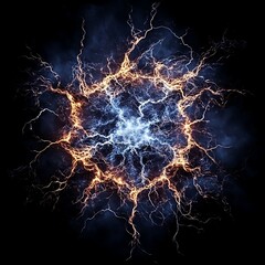 Wall Mural - dynamic energy burst of blue and gold electric lightning discharge sparking in darkness abstract ima