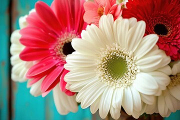 Wall Mural - A vibrant bouquet of pink and white gerbera daisies against a rustic blue background.