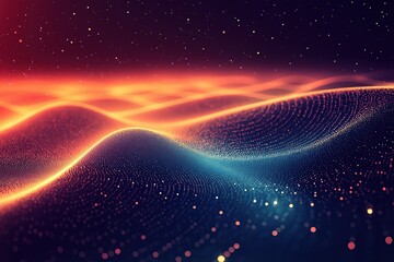 Fototapete - Colorful waves of light create a stunning visual landscape in a digital space at night