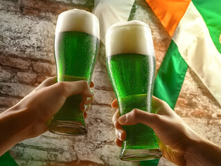 Two people are holding up two green beer glasses