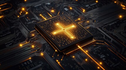 Poster - glowing cross symbol emerges from complex circuit board design,